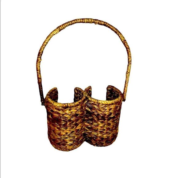 Vintage Double Wine Bottle Woven Wicker Tote with Rotating Handle 14x8 - Picture 4 of 8
